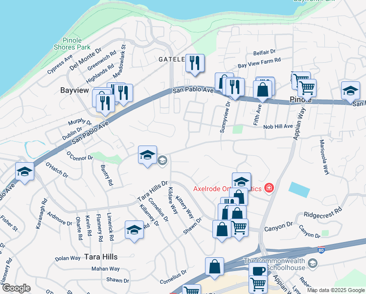 map of restaurants, bars, coffee shops, grocery stores, and more near 815 Marlesta Road in Pinole