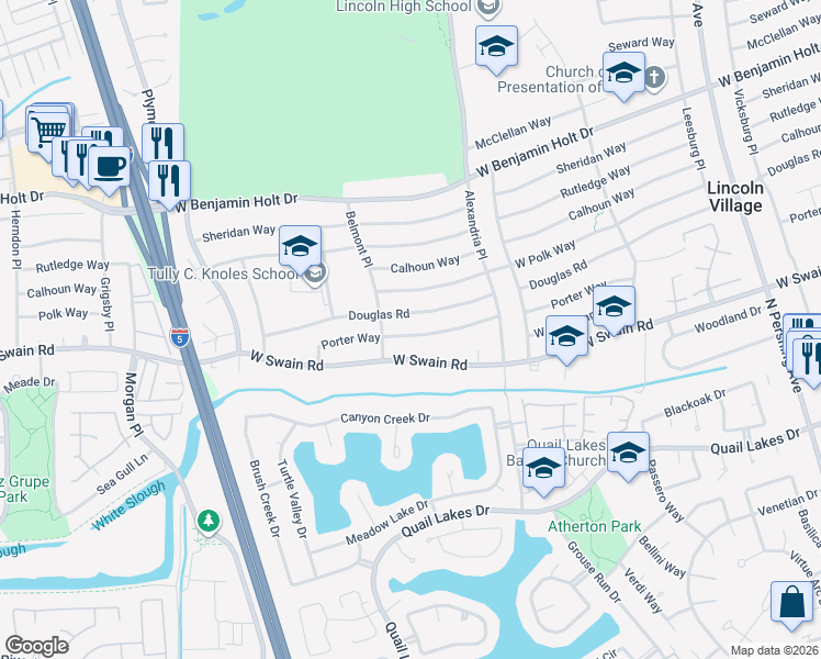 map of restaurants, bars, coffee shops, grocery stores, and more near 2413 Porter Way in Stockton