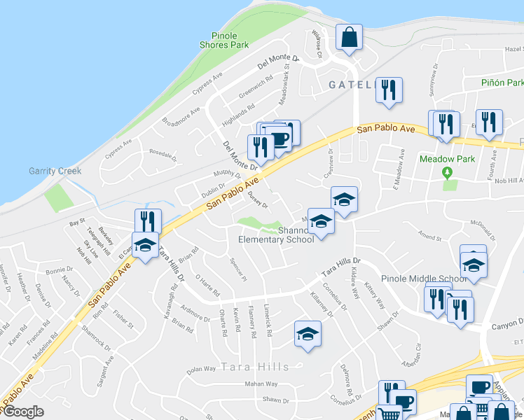 map of restaurants, bars, coffee shops, grocery stores, and more near 516 Dursey Drive in Pinole