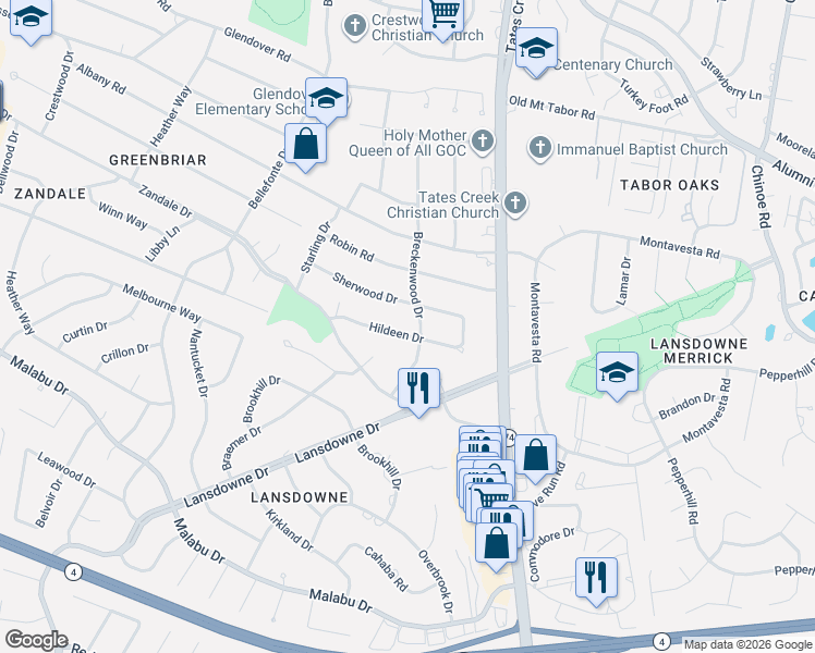 map of restaurants, bars, coffee shops, grocery stores, and more near 795 Hildeen Drive in Lexington
