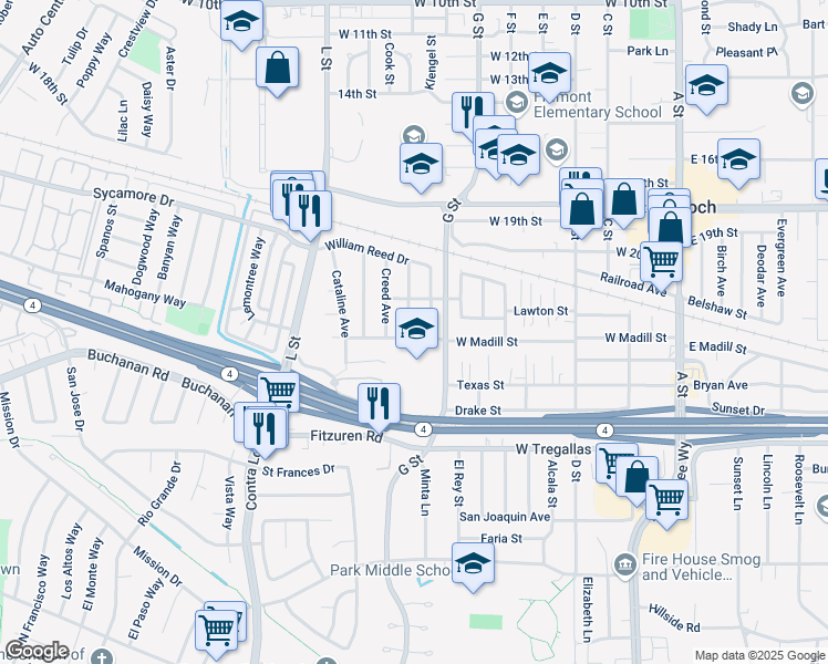 map of restaurants, bars, coffee shops, grocery stores, and more near 102 John Gildi Avenue in Antioch