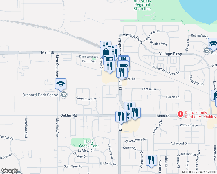 map of restaurants, bars, coffee shops, grocery stores, and more near 44 Cayuga Street in Oakley