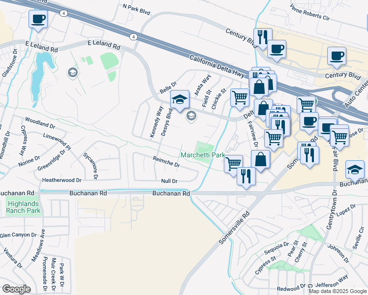 map of restaurants, bars, coffee shops, grocery stores, and more near 5205 Belle Drive in Antioch