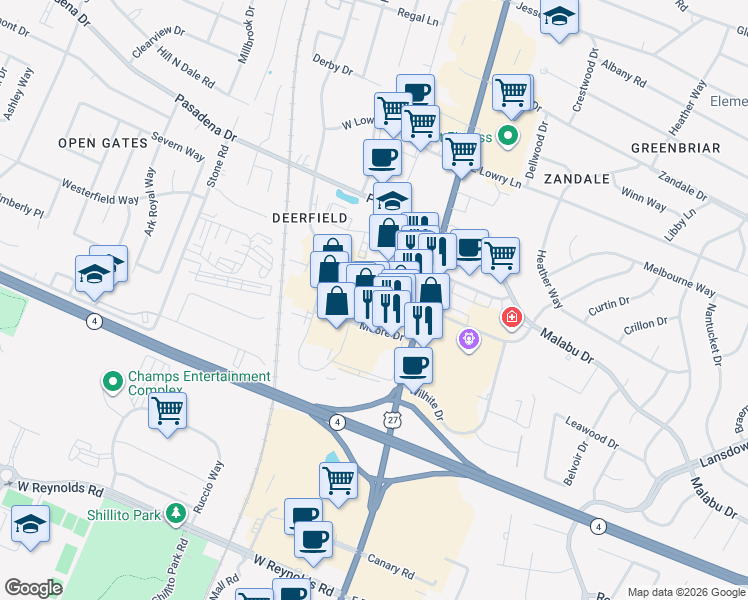 map of restaurants, bars, coffee shops, grocery stores, and more near 140 Regency Point Path in Lexington