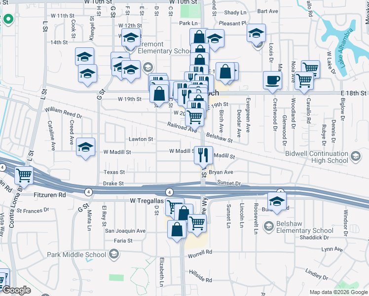 map of restaurants, bars, coffee shops, grocery stores, and more near 34 West Madill Street in Antioch