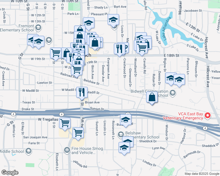 map of restaurants, bars, coffee shops, grocery stores, and more near 82 Belshaw Street in Antioch