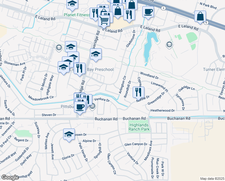 map of restaurants, bars, coffee shops, grocery stores, and more near 3794 Arlington Circle in Pittsburg
