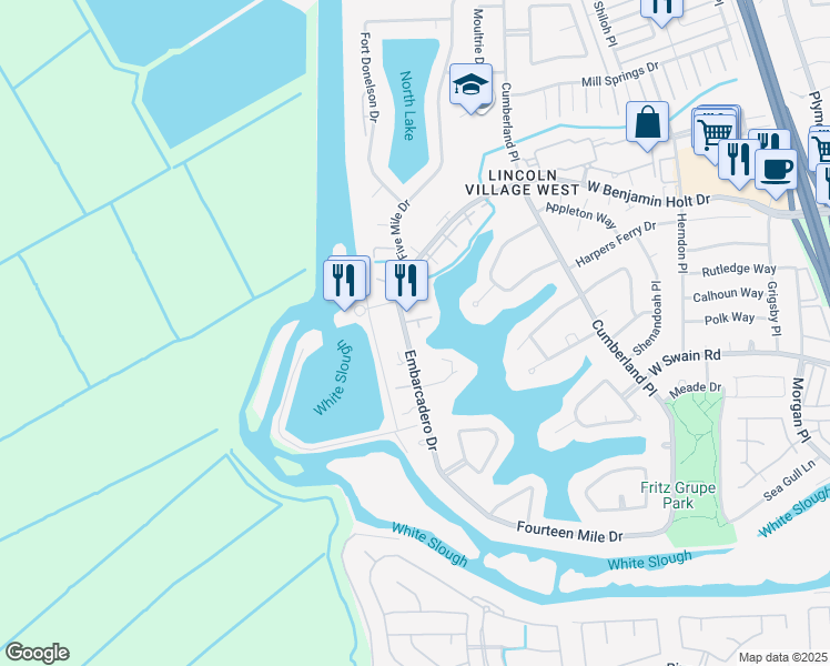 map of restaurants, bars, coffee shops, grocery stores, and more near 6536 Embarcadero Drive in Stockton