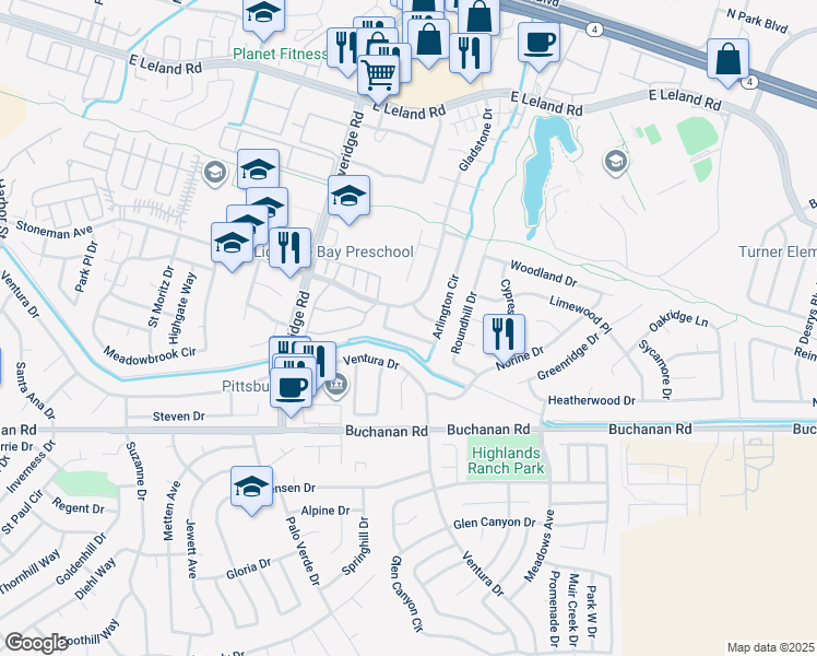 map of restaurants, bars, coffee shops, grocery stores, and more near 3794 Arlington Circle in Pittsburg