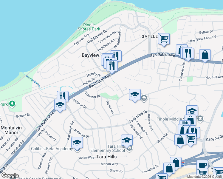 map of restaurants, bars, coffee shops, grocery stores, and more near 303 Dursey Drive in Pinole
