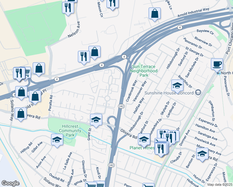 map of restaurants, bars, coffee shops, grocery stores, and more near 3565 Northwood Drive in Concord
