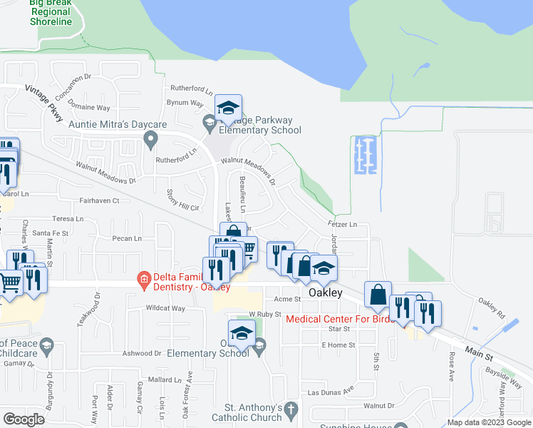 map of restaurants, bars, coffee shops, grocery stores, and more near 373 Lakespring Place in Oakley
