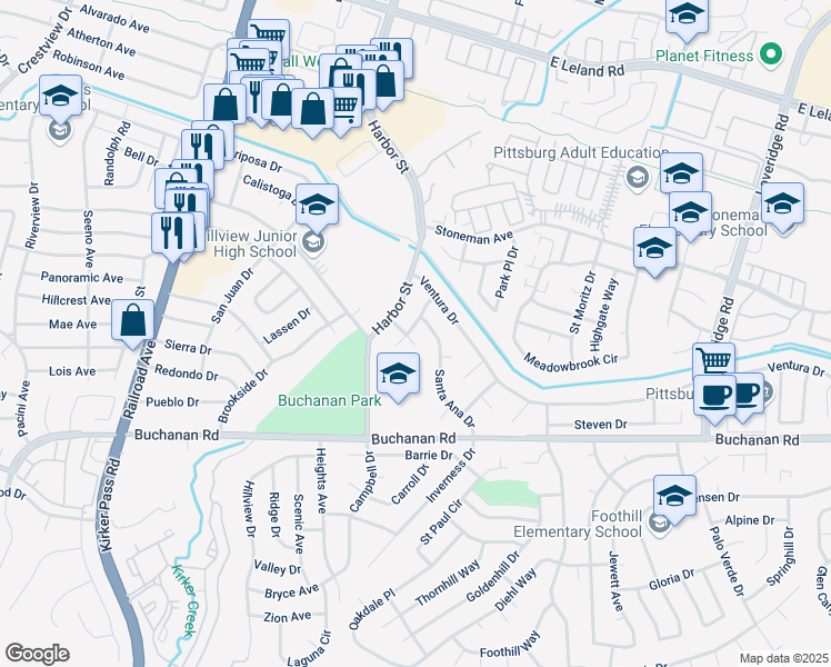 map of restaurants, bars, coffee shops, grocery stores, and more near 3857 Los Altos Place in Pittsburg