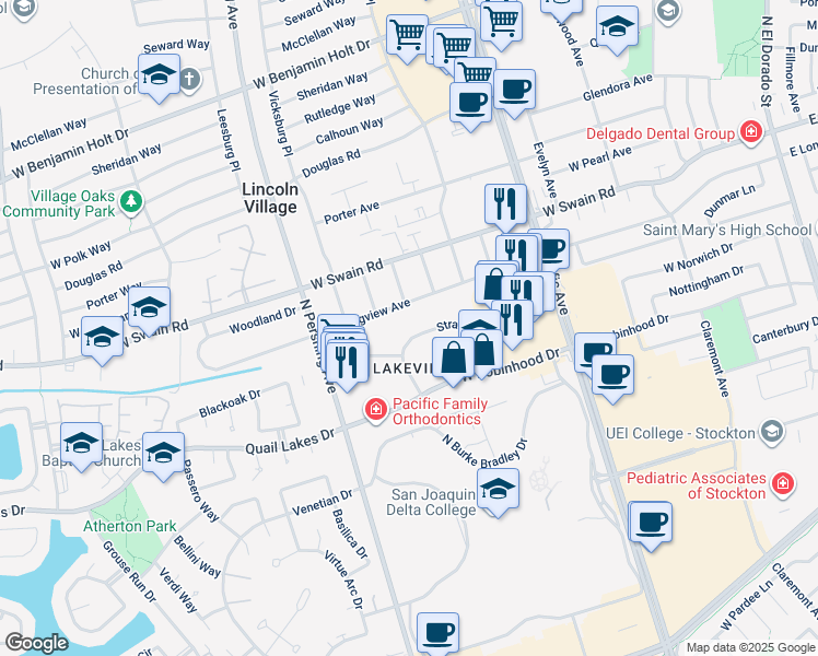 map of restaurants, bars, coffee shops, grocery stores, and more near 1223 Stratford Circle in Stockton