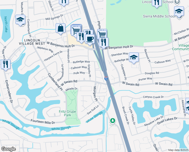 map of restaurants, bars, coffee shops, grocery stores, and more near 6217 Morgan Place in Stockton