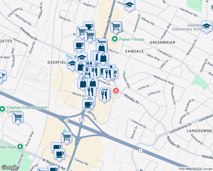 map of restaurants, bars, coffee shops, grocery stores, and more near 188 Surfside Drive in Lexington