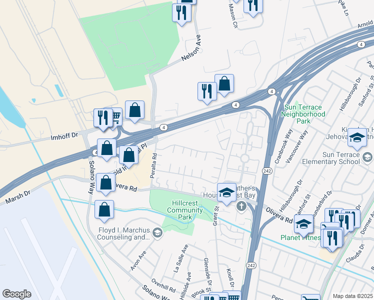 map of restaurants, bars, coffee shops, grocery stores, and more near 2295 Dalis Drive in Concord
