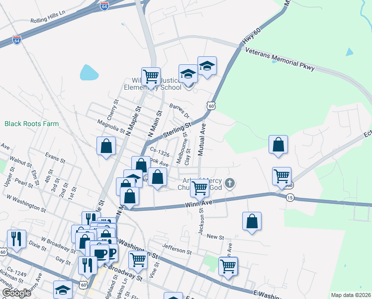 map of restaurants, bars, coffee shops, grocery stores, and more near 61 Melbourne Street in Winchester