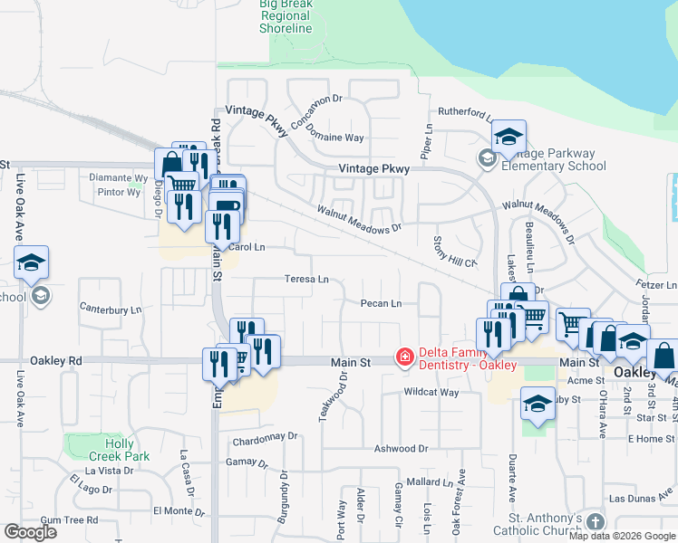 map of restaurants, bars, coffee shops, grocery stores, and more near 1750 Teresa Lane in Oakley