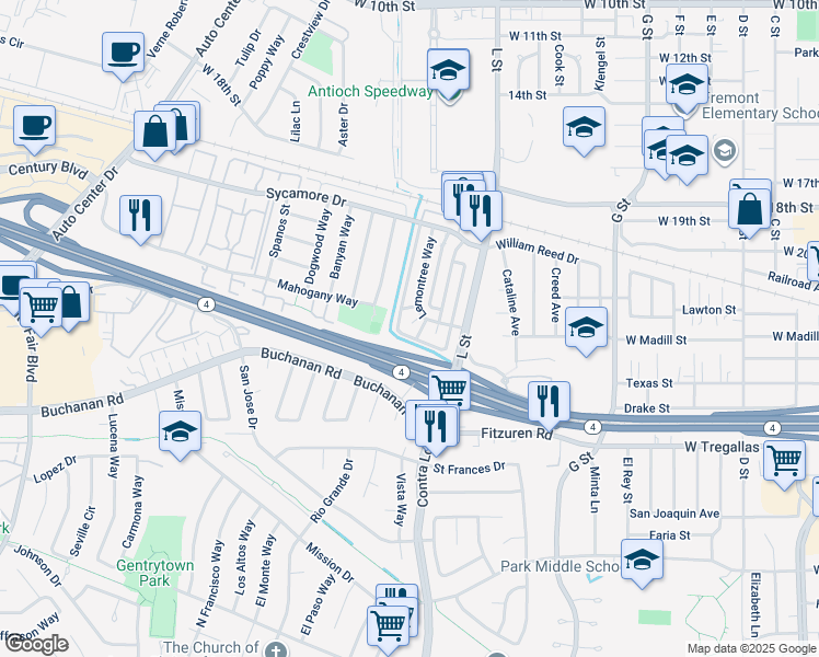 map of restaurants, bars, coffee shops, grocery stores, and more near 2409 Lemontree Court in Antioch