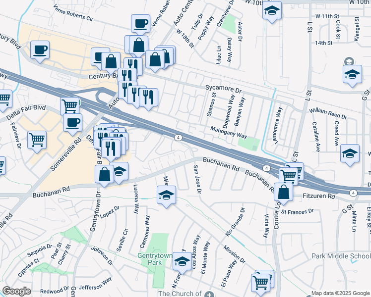 map of restaurants, bars, coffee shops, grocery stores, and more near 1900 San Jose Drive in Antioch
