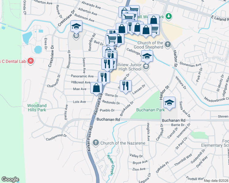 map of restaurants, bars, coffee shops, grocery stores, and more near 203 Sierra Drive in Pittsburg
