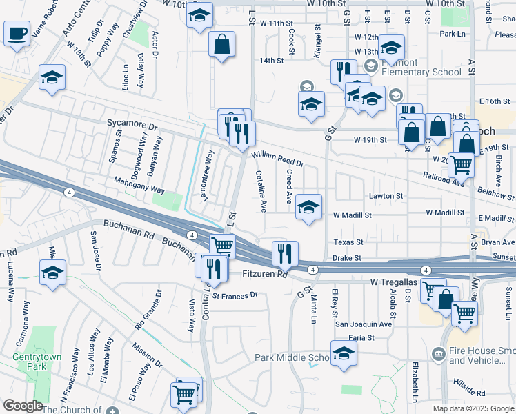 map of restaurants, bars, coffee shops, grocery stores, and more near 5 Madill Circle in Antioch