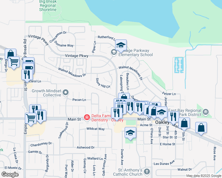map of restaurants, bars, coffee shops, grocery stores, and more near 99 Stony Hill Court in Oakley