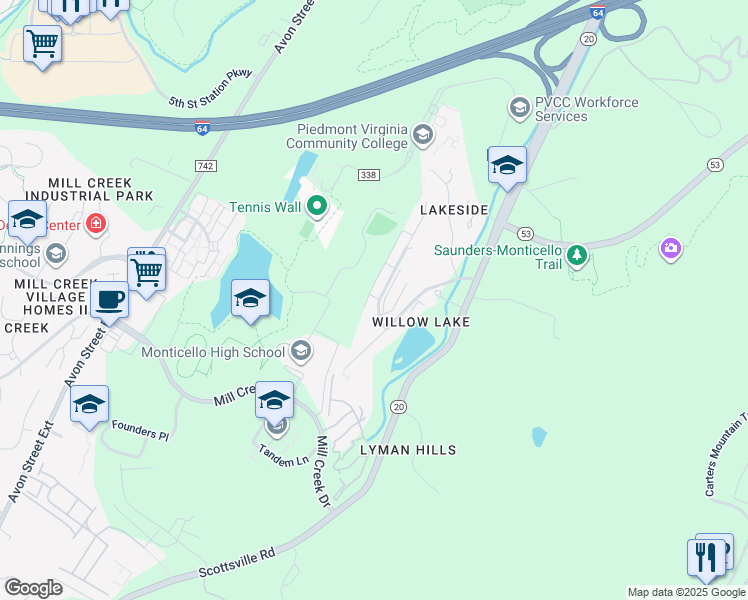 map of restaurants, bars, coffee shops, grocery stores, and more near 1282 Maple View Drive in Charlottesville