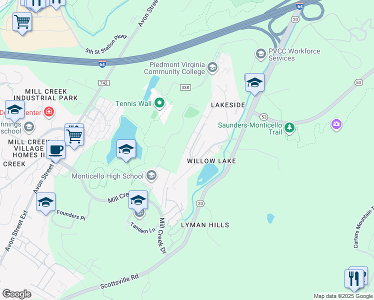 map of restaurants, bars, coffee shops, grocery stores, and more near 1282 Maple View Drive in Charlottesville