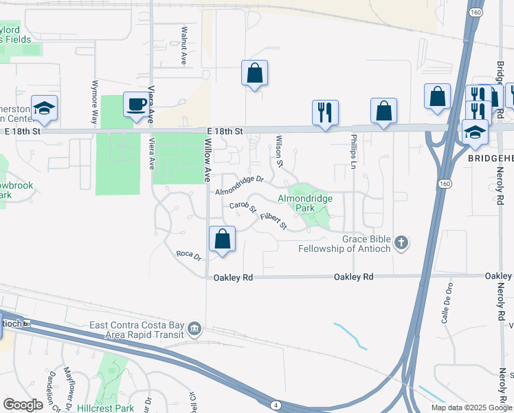 map of restaurants, bars, coffee shops, grocery stores, and more near 2813 Carob Street in Antioch