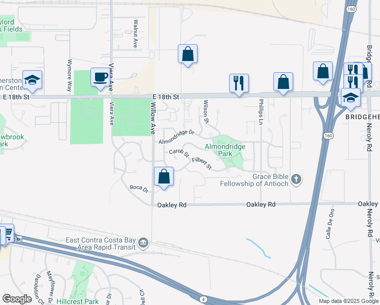 map of restaurants, bars, coffee shops, grocery stores, and more near 2813 Carob Street in Antioch