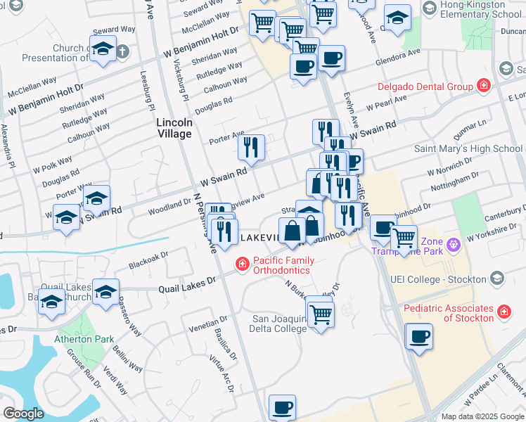 map of restaurants, bars, coffee shops, grocery stores, and more near 1223 Stratford Circle in Stockton