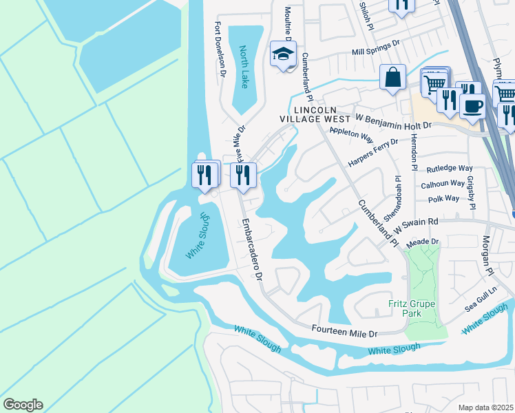 map of restaurants, bars, coffee shops, grocery stores, and more near 6536 Embarcadero Drive in Stockton