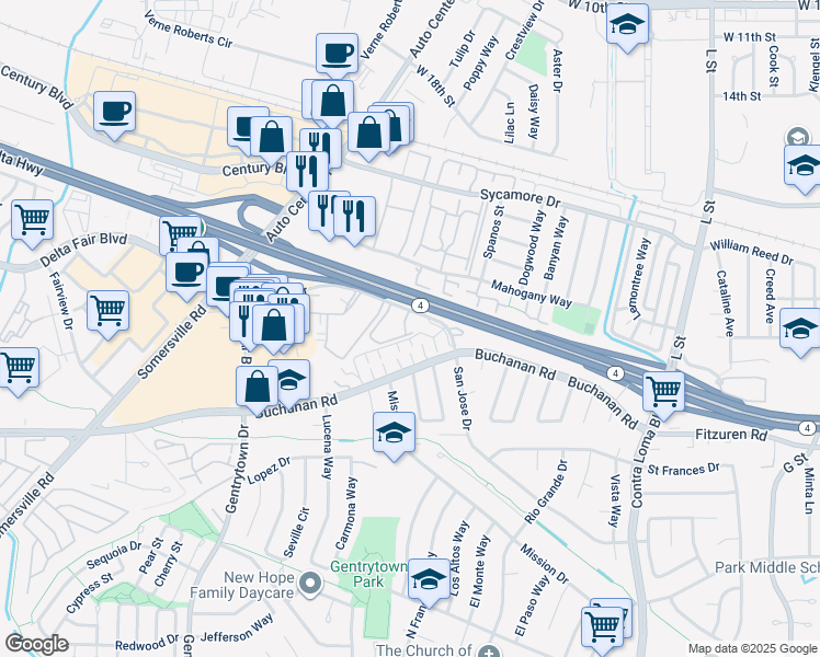 map of restaurants, bars, coffee shops, grocery stores, and more near 2005 San Jose Drive in Antioch