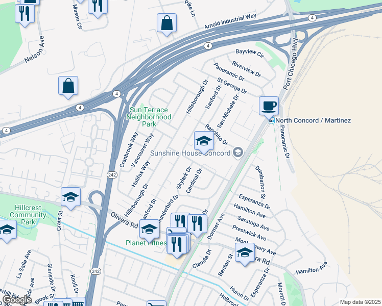 map of restaurants, bars, coffee shops, grocery stores, and more near 3607 Sanford Street in Concord