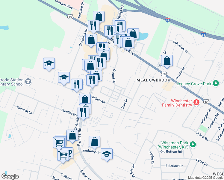 map of restaurants, bars, coffee shops, grocery stores, and more near 105 Gary Court in Winchester