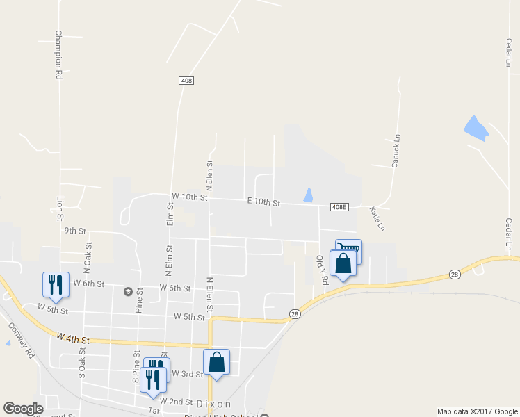 map of restaurants, bars, coffee shops, grocery stores, and more near 203 East 10th Street in Dixon