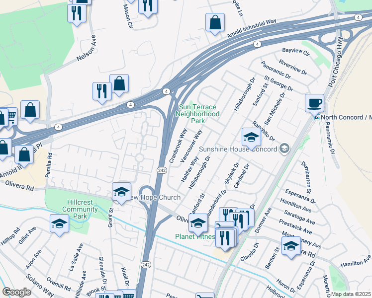 map of restaurants, bars, coffee shops, grocery stores, and more near 3557 Vancouver Way in Concord