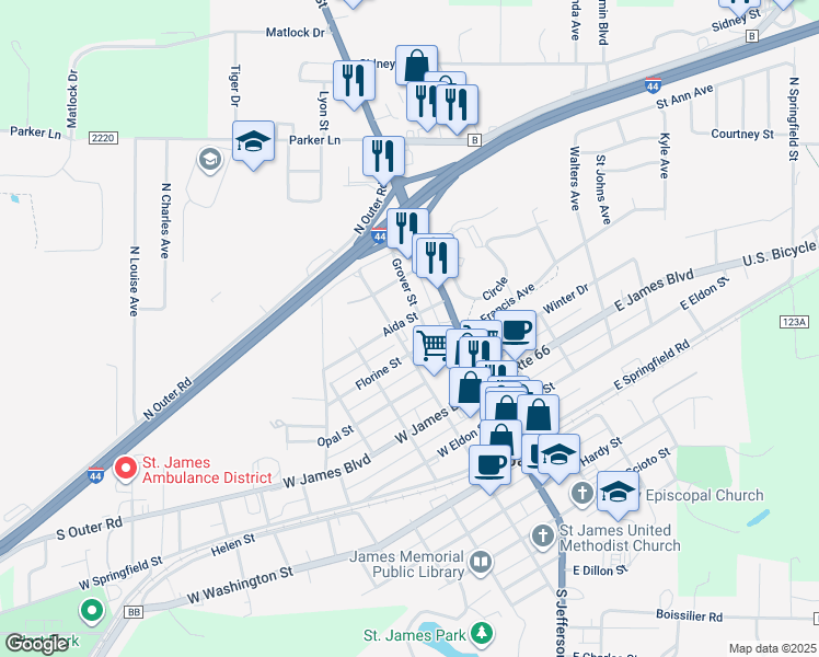 map of restaurants, bars, coffee shops, grocery stores, and more near 132 Aida Street in Saint James