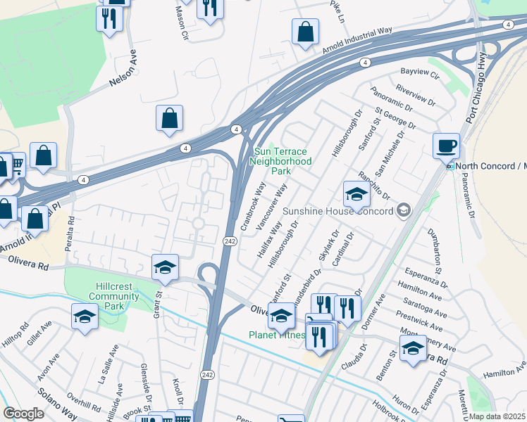 map of restaurants, bars, coffee shops, grocery stores, and more near 3556 Vancouver Way in Concord