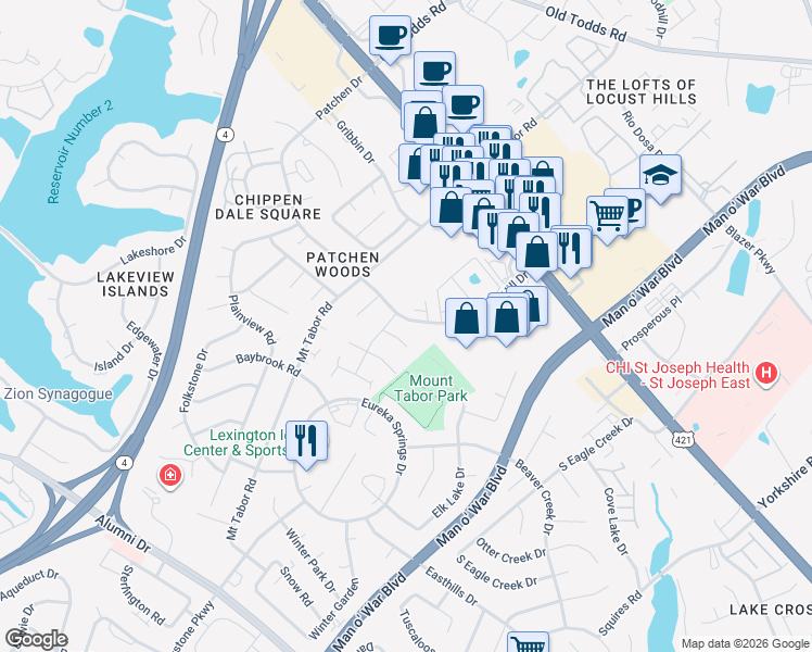 map of restaurants, bars, coffee shops, grocery stores, and more near 432 Patchen Drive in Lexington