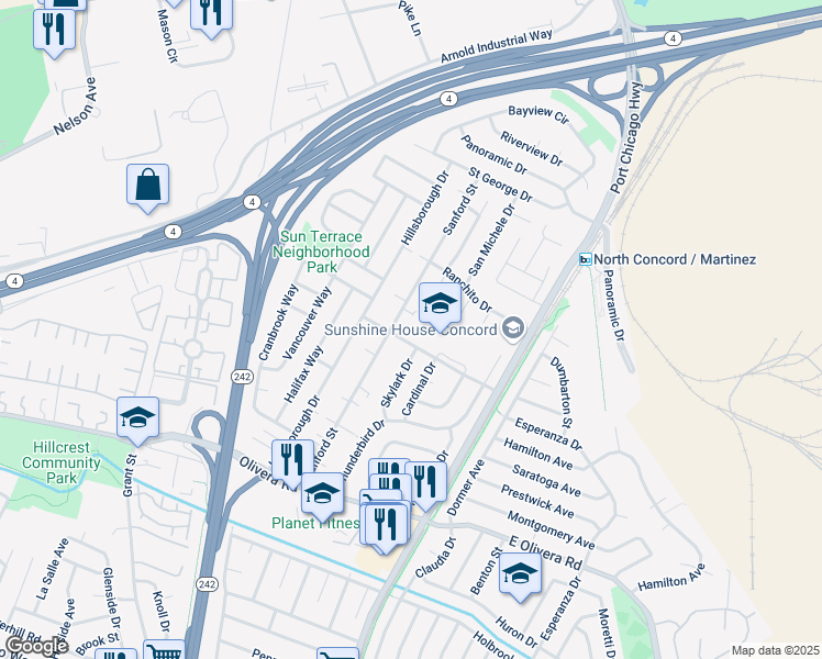 map of restaurants, bars, coffee shops, grocery stores, and more near 3607 Sanford Street in Concord