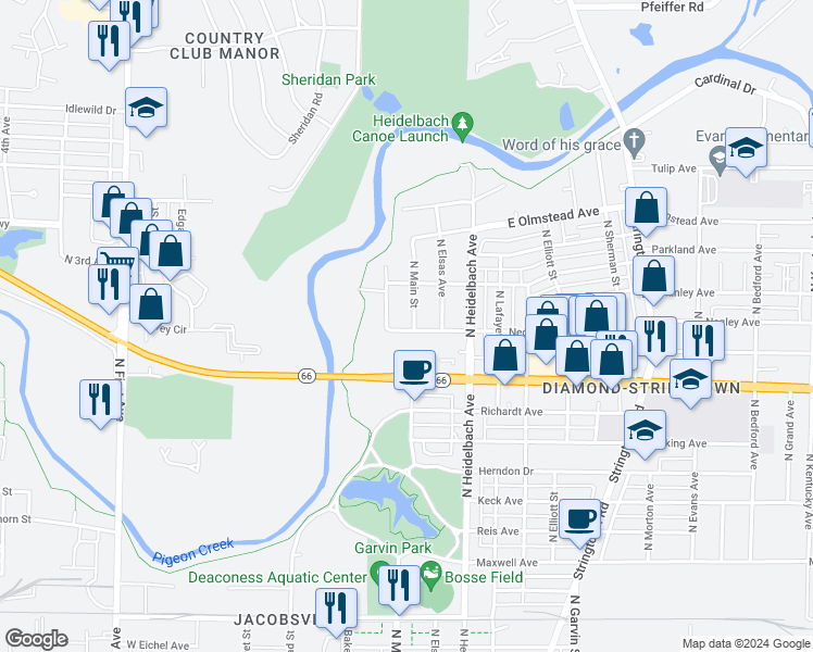 map of restaurants, bars, coffee shops, grocery stores, and more near 2500 North Main Street in Evansville
