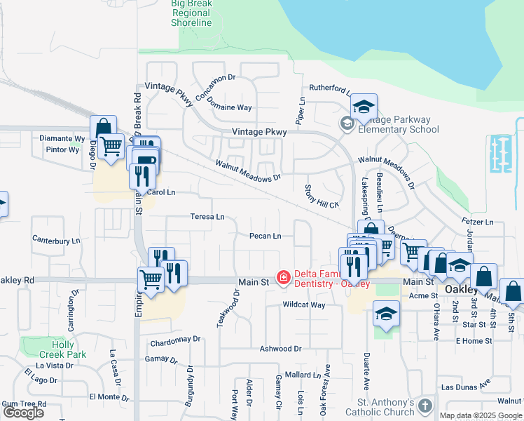 map of restaurants, bars, coffee shops, grocery stores, and more near 5255 Teresa Court in Oakley