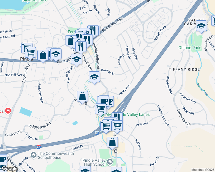 map of restaurants, bars, coffee shops, grocery stores, and more near 1241 Pinole Valley Road in Pinole