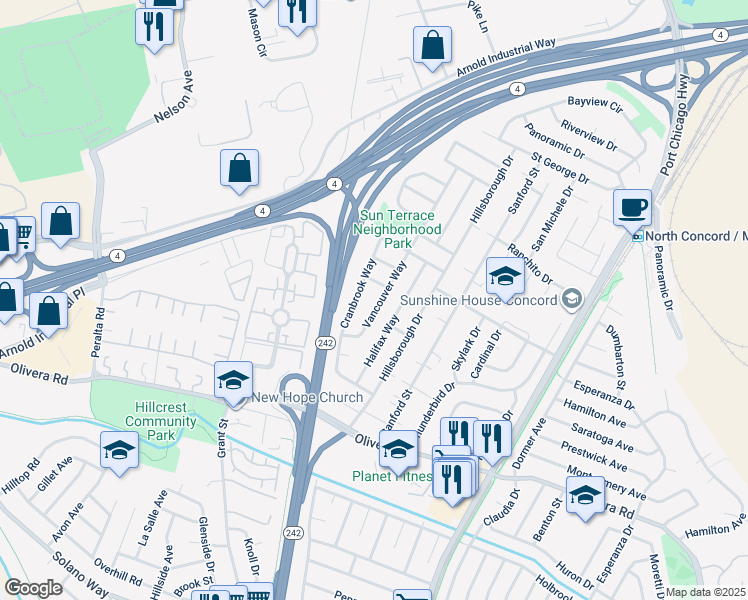 map of restaurants, bars, coffee shops, grocery stores, and more near 3556 Vancouver Way in Concord