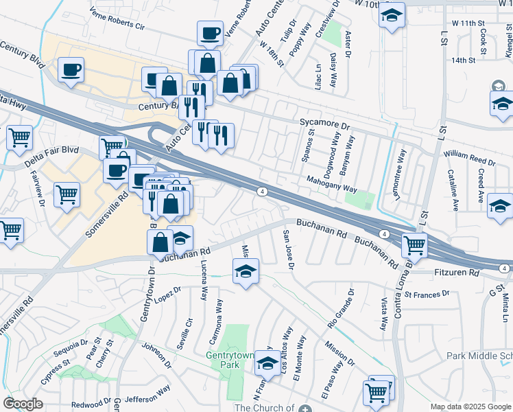 map of restaurants, bars, coffee shops, grocery stores, and more near 2005 San Jose Drive in Antioch