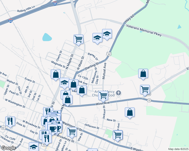 map of restaurants, bars, coffee shops, grocery stores, and more near 61 Melbourne Street in Winchester