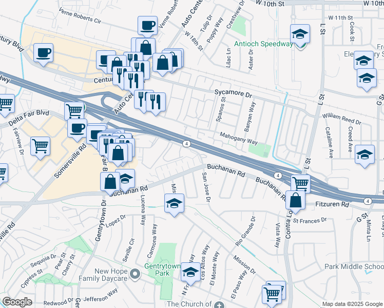 map of restaurants, bars, coffee shops, grocery stores, and more near 1904 San Jose Drive in Antioch